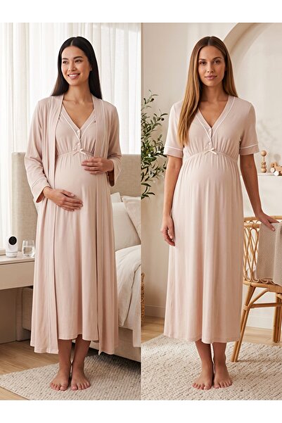 Lohussa New Season Beige Piping Design with Breastfeeding Feature Short Sleev...