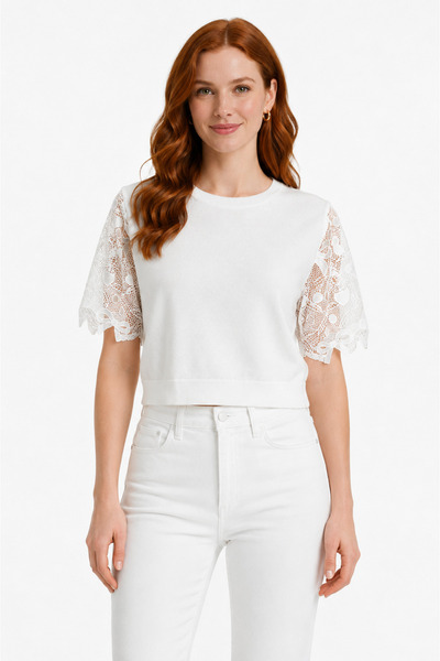 Neden Tekstil Women's White Lace Detailed Short Sleeve T-Shirt