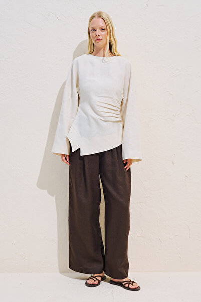 Manuka Linen Asymmetric Long Sleeve Blouse Beige