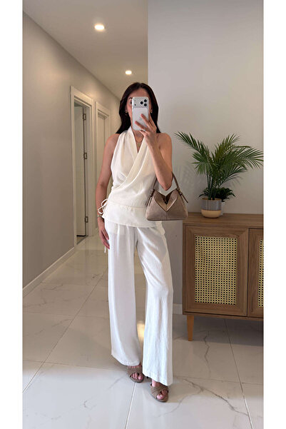 BİRCANÇİL Rimes Ecru Double Breasted Blouse and Trousers Set