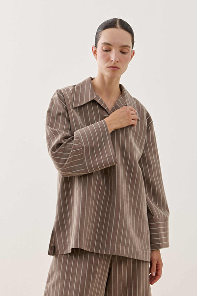Fahhar Striped Patchwork Modal Shirt Brown