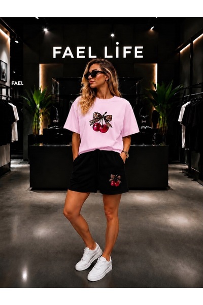 FAEL LİFE Unisex Wide-Let T-Shirt and Shorts Set with Cherry Ribbon Print