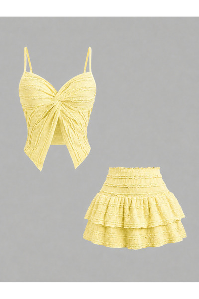 Wild Flower Ruffled Alaçatı-Style Spaghetti Strap Blouse and Layered Mini Sho...