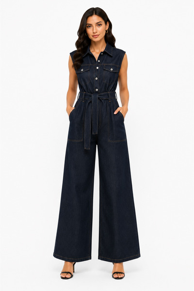 MODA Kemerli Geniş Paça Denim Tulum