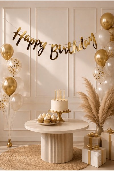 FESTİVALOON Happy Birthday Banner Gold Color Gold Birthday Party Ornament Hanging Lettering Decoration