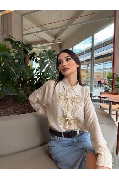 ECE ÇINAR Taş Fiyonk Detaylı Keten Gömlek