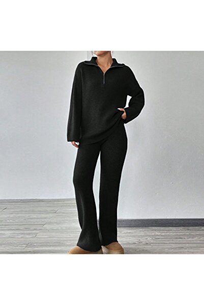 LOTUS CITY Women's Black Thessaloniki Knitwear Top and Bottom Set Sweater Pants