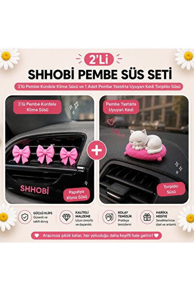SHHOBİ 2'li Pembe Süs Seti: 3'lü Pembe Kurdele Klima Süsü ve 1 Adet Pembe Yas...