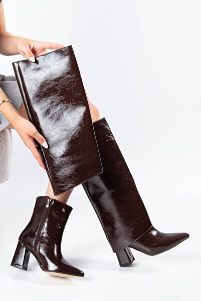 GÜZEL SHOES Belva Koyu Kahve Tak-Çıkar Aparatlı Çizme Topuklu Sivri Burun Fer...