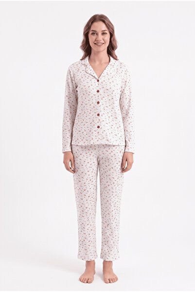 FAMES PİJAMA Front buttoned waffle fabric floral pattern seasonal pajama set