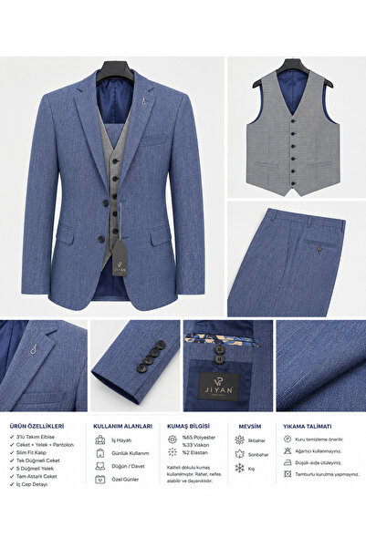 BYMEN ERKEK GİYİM Erkek Mavi 3’lü Slim Fit Takım Elbise – Ceket, Kazayağı Des...