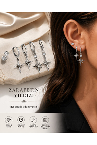 Bizle Tasarla 3Çift Kutup Yıldızı Küpe Seti Rodyum Kaplama Zirkon Taşlı Karar...