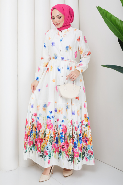 Pamuk Butik Kadın Belden Bağlamalı Tropikal Desenli Elbise