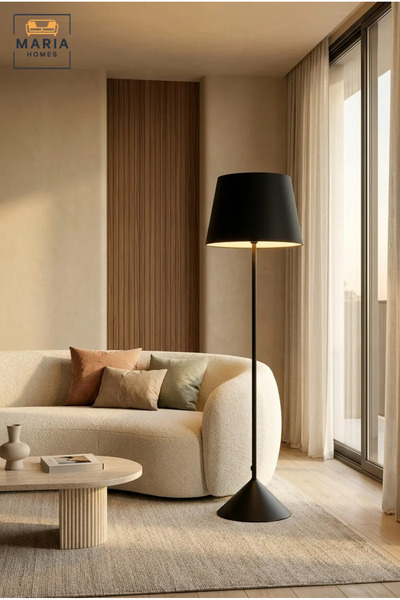 MARIA HOMES مصباح أرضي أسود عصري مع غطاء قماشي وقاعدة منحوتة، إضاءة قائمة بذا...