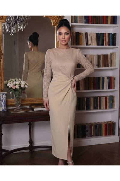 1Moda1Tarz Imported Lace and Crepe Fabric Beaded Embroidered Slit Lined Speci...