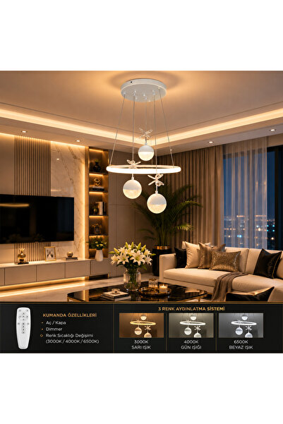 kra avize Lilya Modern LED Sarkıt Avize – 3 Renk Kumandalı, Dimmerli, Gece Modlu
