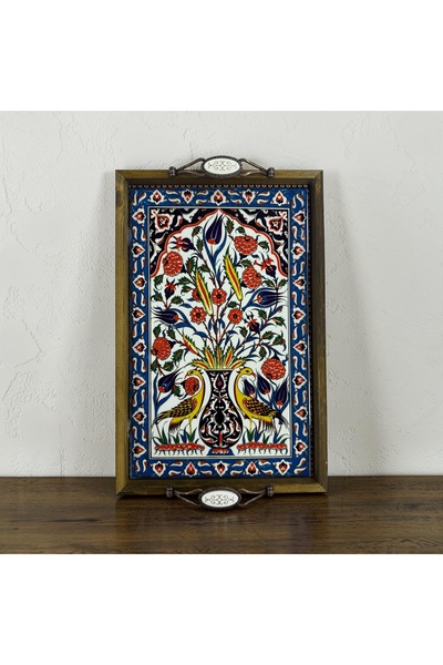 PorcelainAtelier El Yapımı Kütahya Çini Desenli Ahşap & Seramik Tepsi 42x28 c...