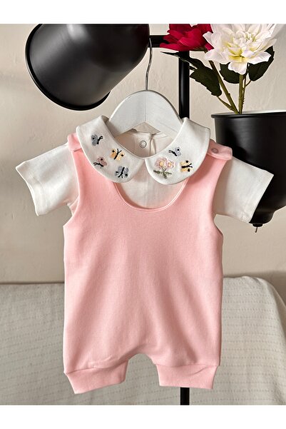 Mama Miel Baby Butterfly Embroidered Collar Detailed Bodysuit and Pink Combed...