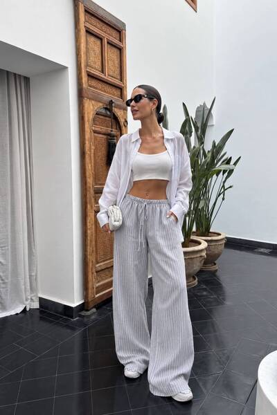 Markazzi Striped Women's Wide Leg Pants with Pockets