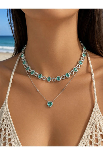 h&b design jewel قلادة قلب من الحجر الأخضر الفولاذي