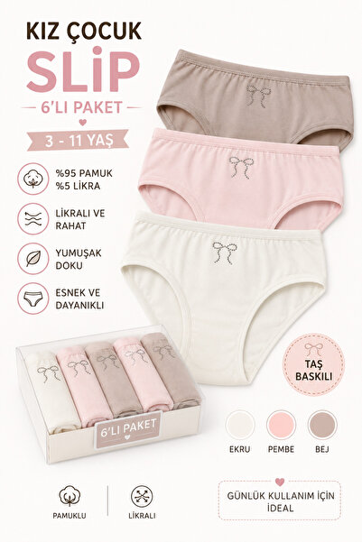 BELİNOPLUS Kız Çocuk 6 Lı Slip Külot Penye Likralı Taş Baskılı