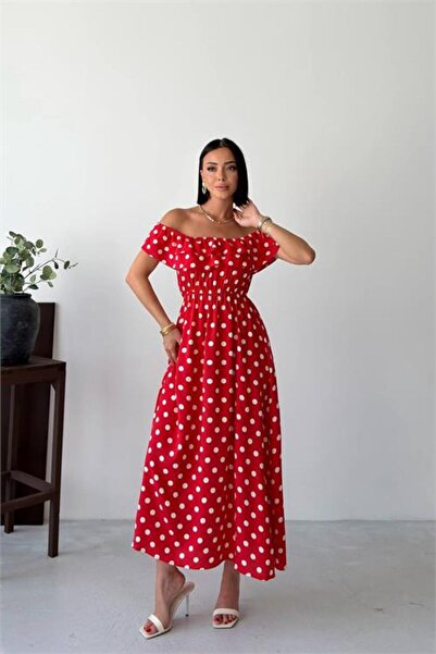 Neşeli Butik rochie midi roșie cu guler tip madonna, cu volane și imprimeu, p...