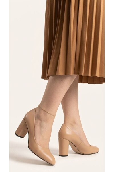 Gönbeler Women's Nude Beige 7 cm Thick Block Heeled Classic Daily Office Shoe...