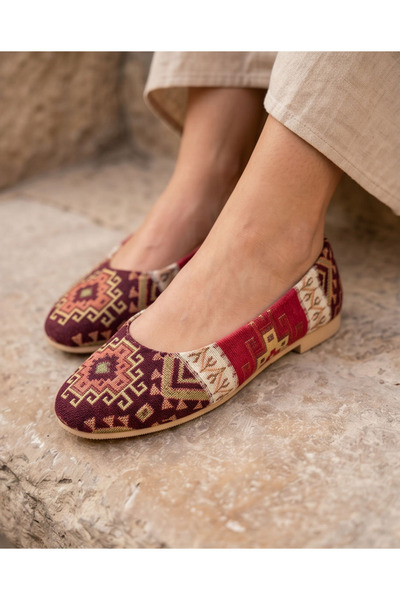 futsi shoes VITTORIA Hakiki Deri Etnik Desenli Kadın Bordo Kilim Desenli Babet