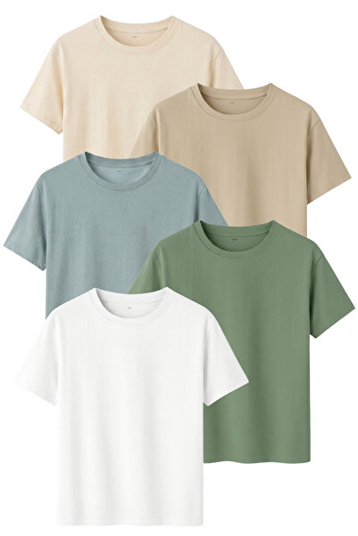 DK DAKSEL 5-Pack Regular Fit Cotton T-Shirt Set Beige Stone Mint Çağla White