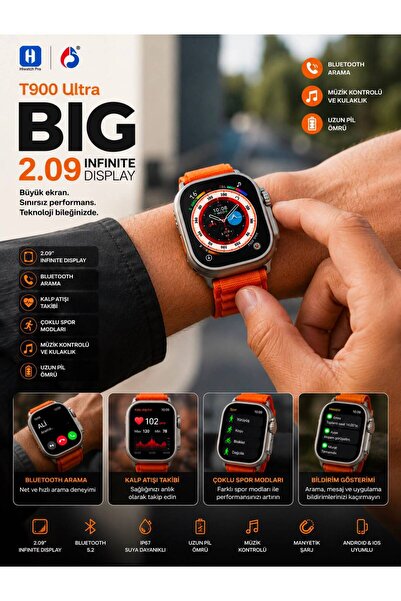 GM T900 Ultra Akıllı Saat 2.09 İnç HD Dokunmatik Ekran Bluetooth Arama Spor v...