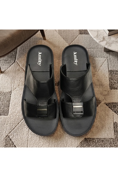 Lucky Steps Men's Modern Saudi Style Slide Sandals with Metal Buckle Wear-Res...