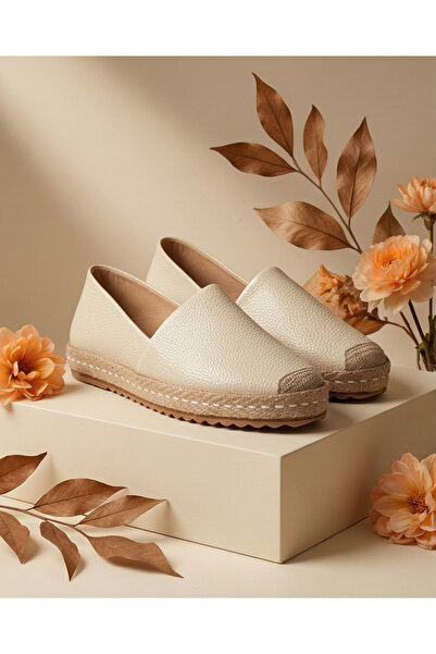 futsi shoes MILET Bej Hakiki Deri Dikiş Detaylı Kadın Espadril
