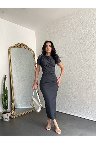 OTAKU Degaje Yaka Drapeli Slim Fit Midi Elbise