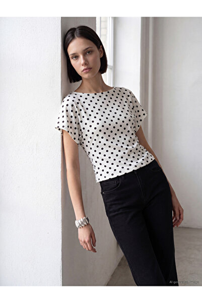 LC Waikiki White Boat Neck Polka Dot Women's T-Shirt