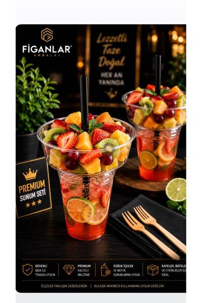 figanlar ambalaj Meyve Sunum Seti Geçmeli Waffle Kase PET Bardak Siyah Pipet ...
