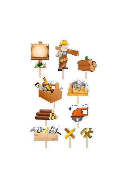 DecoParty Set de decorațiuni pentru tort – Tematică de tâmplărie, 10 piese, C...