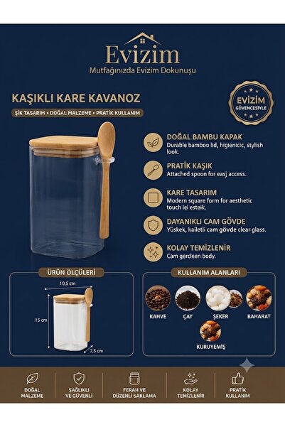 Evizim Kaşıklı Kare Kavanoz 600 ML Bambu Kapaklı Kahve Baharat Saklama Kabı
