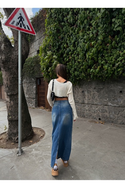 harmony factory Kadın Mavi Yırtmaçlı Maxi Denim Etek Yüksek Bel Uzun Kot Etek Vintage
