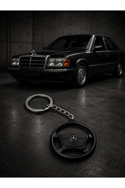 Mercedes Klasik Direksiyon Tasarımlı Metal Anahtarlık – Siyah Retro Otomobil Aksesuarı