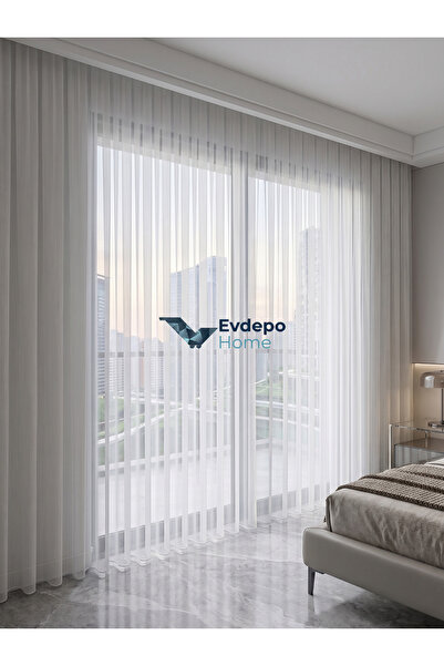 Evdepo Home Thin Striped Ecru Non-Iron Tulle 1:2.5 Regular Pleat Cornice Read...