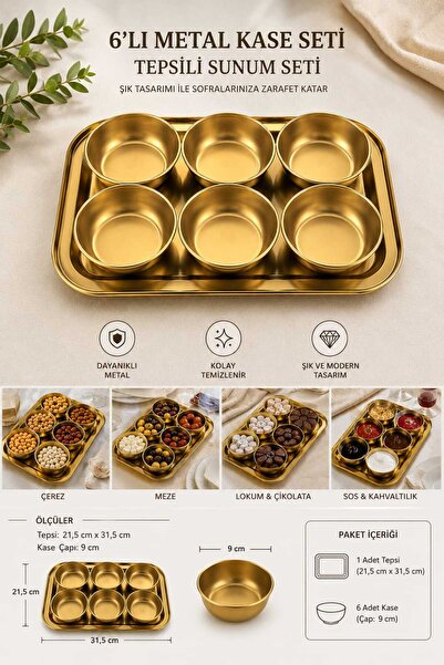 GM 6'lı Metal Kase Seti Tepsili – Gold Sunum Tepsisi ve 6 Adet Kase – Çerez, ...