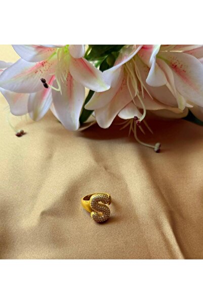 MonCheriAccessoire 14K Altın Kaplama Zirkon Taşlı Harfli Ayarlanabilir Yüzük