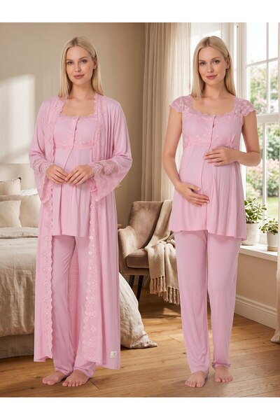 Lohussa New Season Pink Long Dressing Gown with Lace Detail, Special Design S...