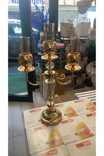 voliX Dizayn Lüks Gold Kaplama 3'lü Şamdan Kandil - Kristal Detaylı Masa Üstü...