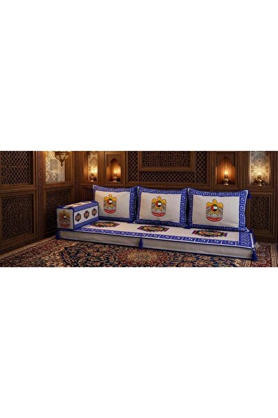 Xboat Arabic Majlis Floor Sofa Set with UAE Emblem, Blue and White | Traditional Majlis Style, UAE Coat of Arms, Includes Back Cushions, Floor Seating Set, Corner...