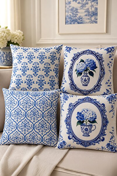 EVPANYA Framed Tile Vase Patterned 4-Piece Throw Pillow Cover Set