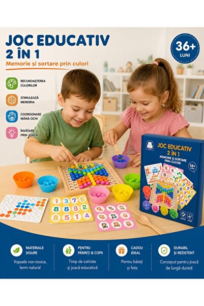 SUPERMEMO Joc Montessori 2 în 1 – Memorie & Sortare prin Culori din Lemn
