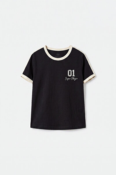 TOMMY LIFE Tricou negru pentru fete cu imprimeu și detalii la umeri - 75181