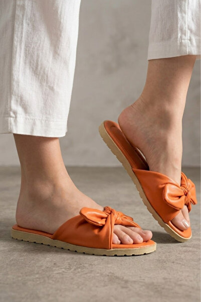 TOFİSA Women's Orange Bow Detailed Slippers - 28714-Oranj
