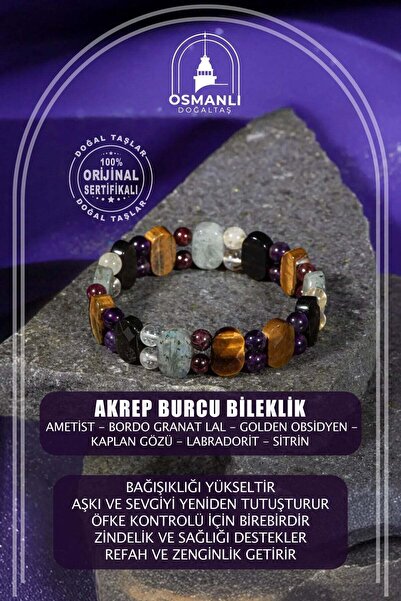 OSMANLI DOĞAL TAŞ Akrep Burcu Bileklik Ametist, Bordo Granat Lal, Golden Obsi...
